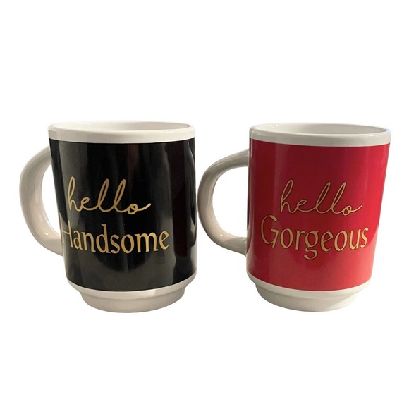 Set of 2 ~ Mugs “Hello Handsome; Hey Gorgeous” Red & Black - Picture 6 of 10